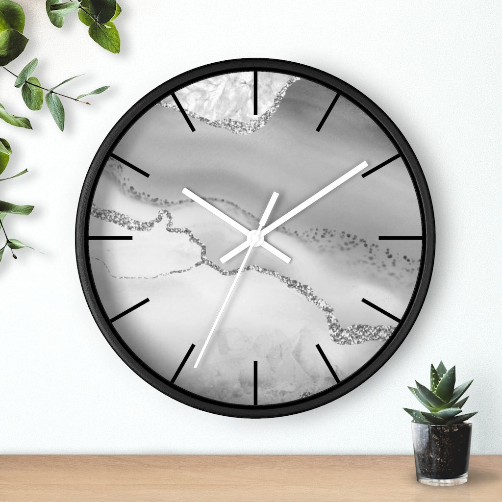 Marble Print, Wood, Wall Clock, Gray Silver 10"