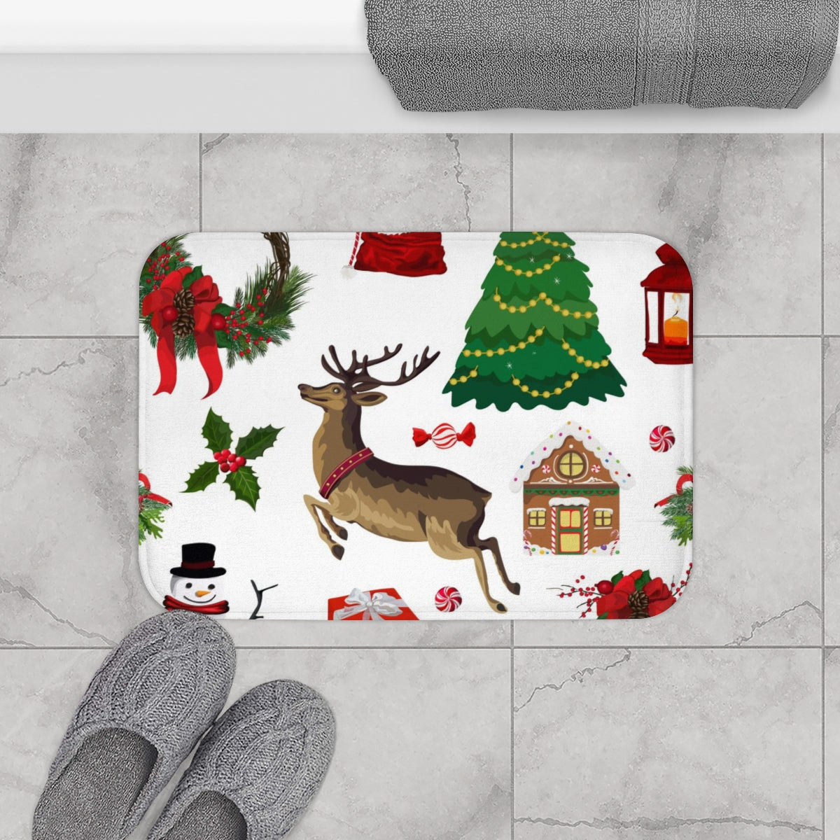 Christmas Bath Mat | White Reindeer Festive Trees