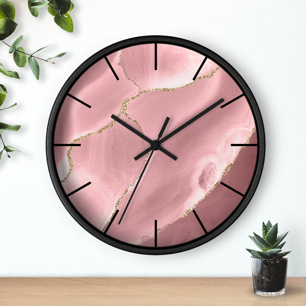 Marble Print, Wood, Wall Clock, Pink Gold 10"