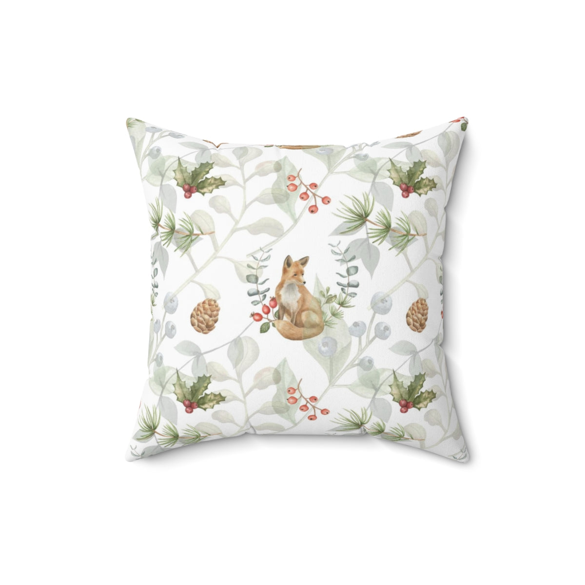 Christmas Square Pillow Cover | White Festive Leaves and Foxes