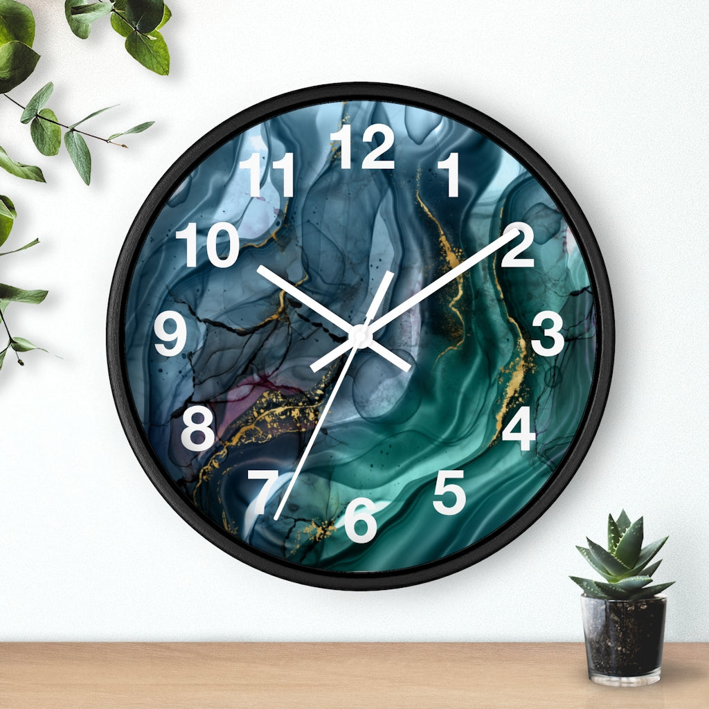 Marble Print, Navy Blue Green, Wood Wall Clock 10"