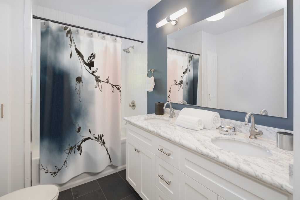 Abstract Shower Curtain, Floral Navy Blush Pink