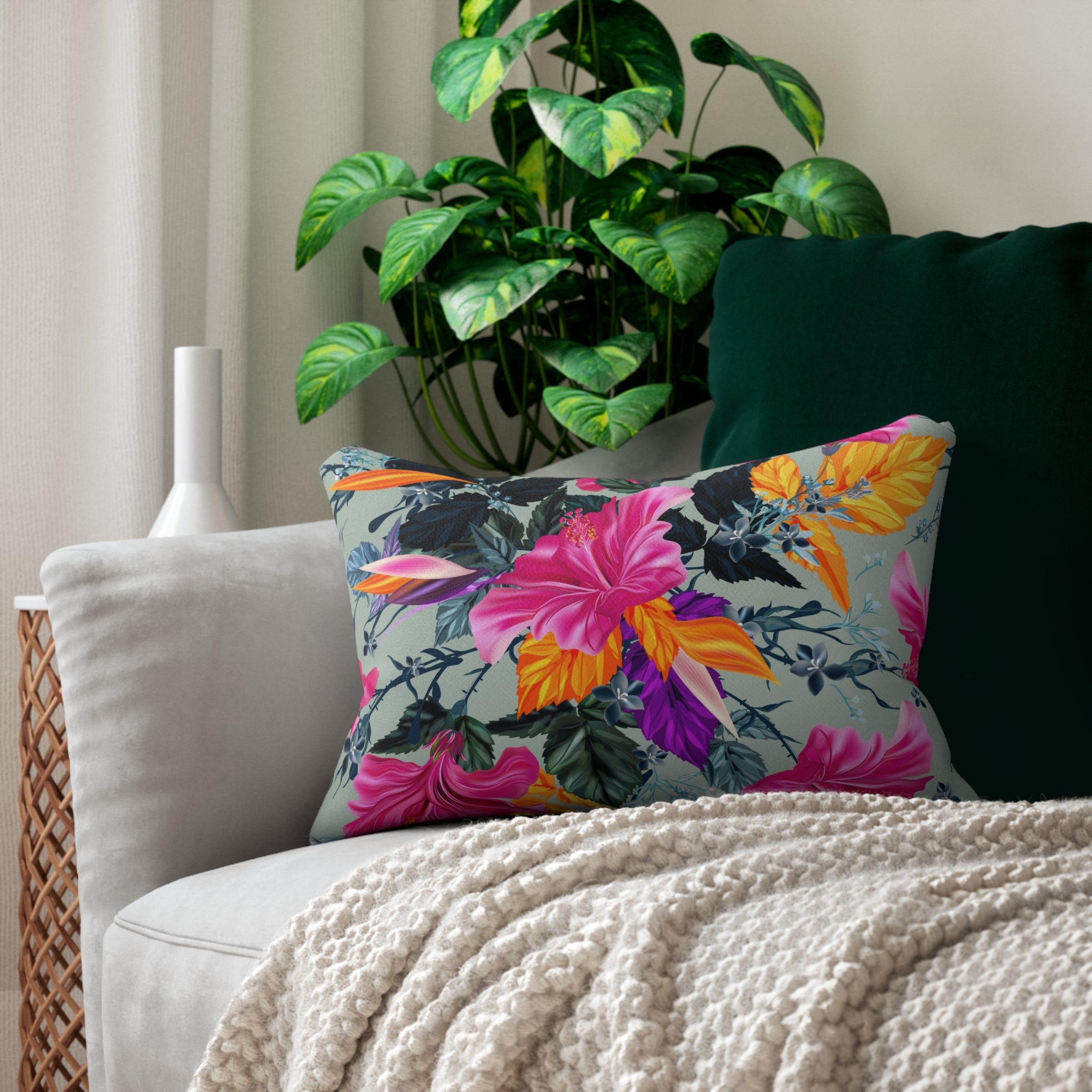 Boho Lumbar Pillow | Pink Hibiscus, Green Floral