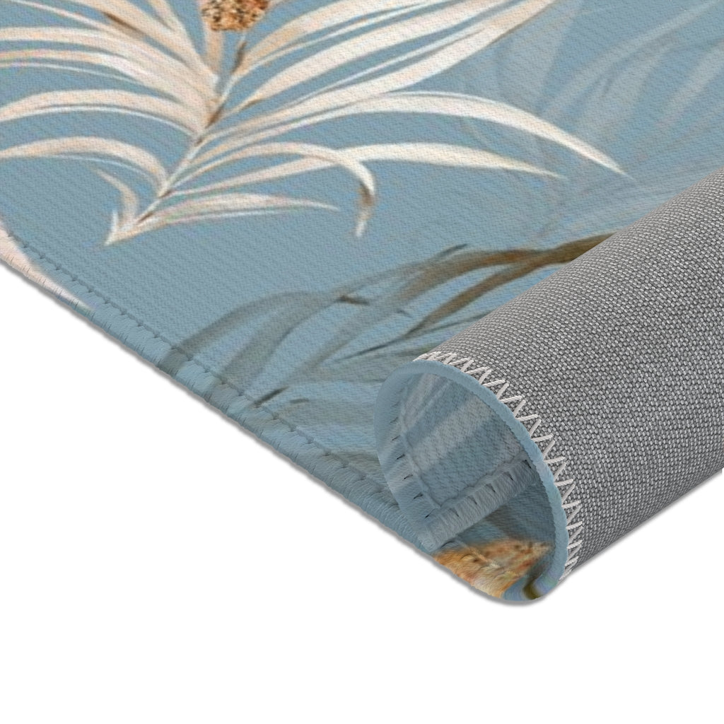 Floral Boho Area Rug | Blue Beige Jungle Palm
