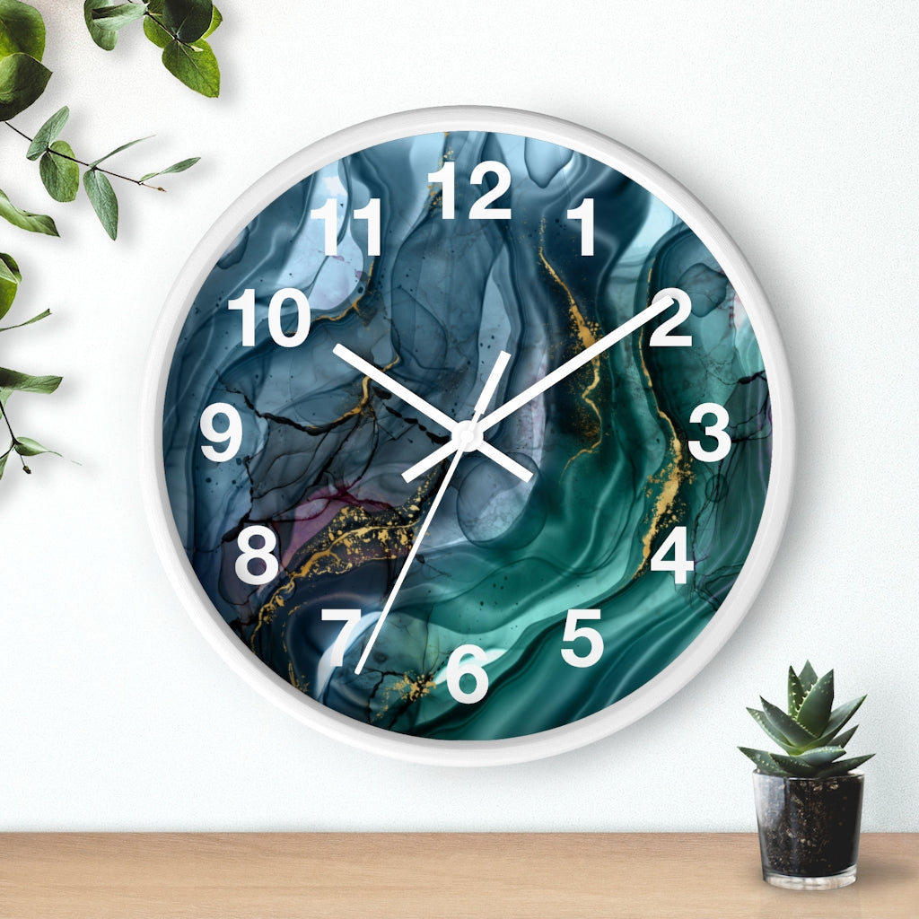 Marble Print, Navy Blue Green, Wood Wall Clock 10"