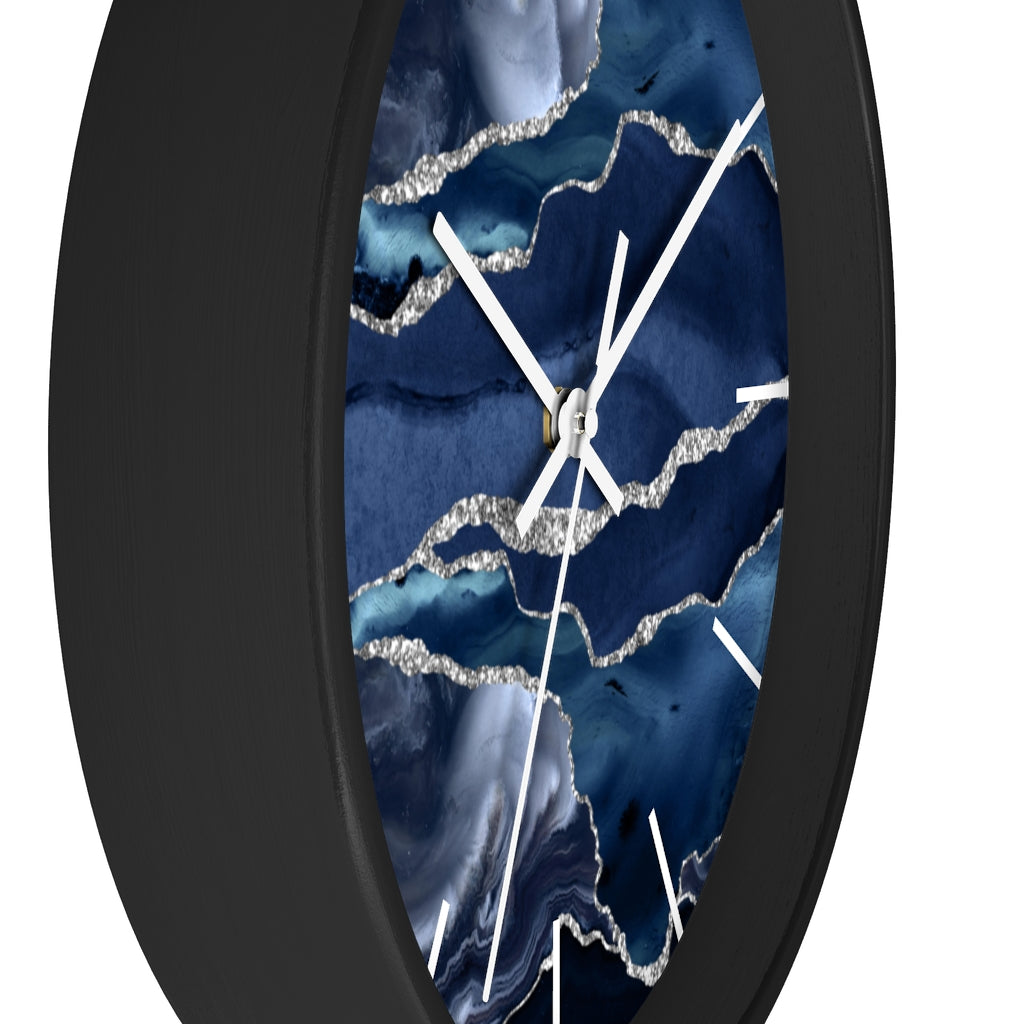 Marble Print, Navy Silver, Wood Wall Clock 10"