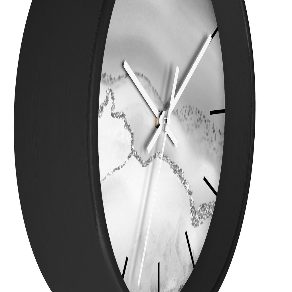 Marble Print, Wood, Wall Clock, Gray Silver 10"