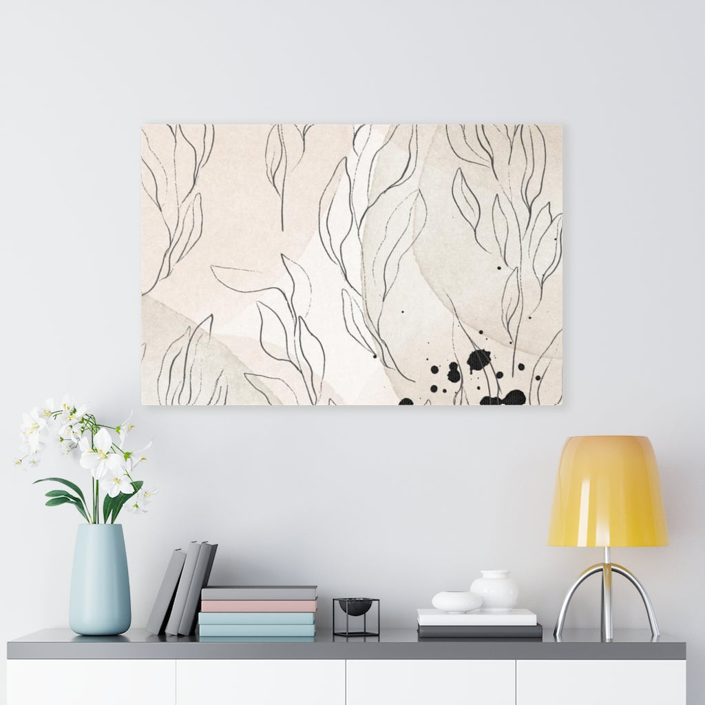 FLORAL WALL CANVAS ART | Beige Black Line Art Leaves