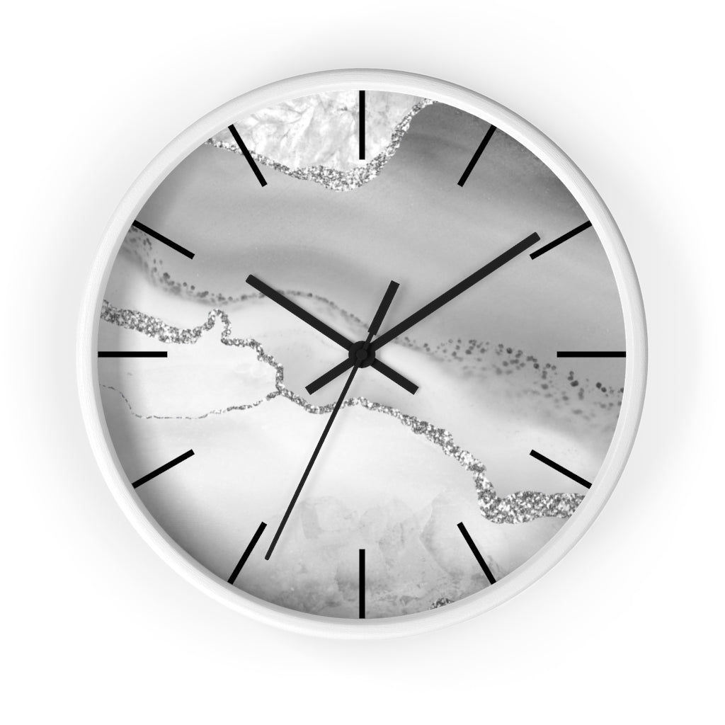 Marble Print, Wood, Wall Clock, Gray Silver 10"