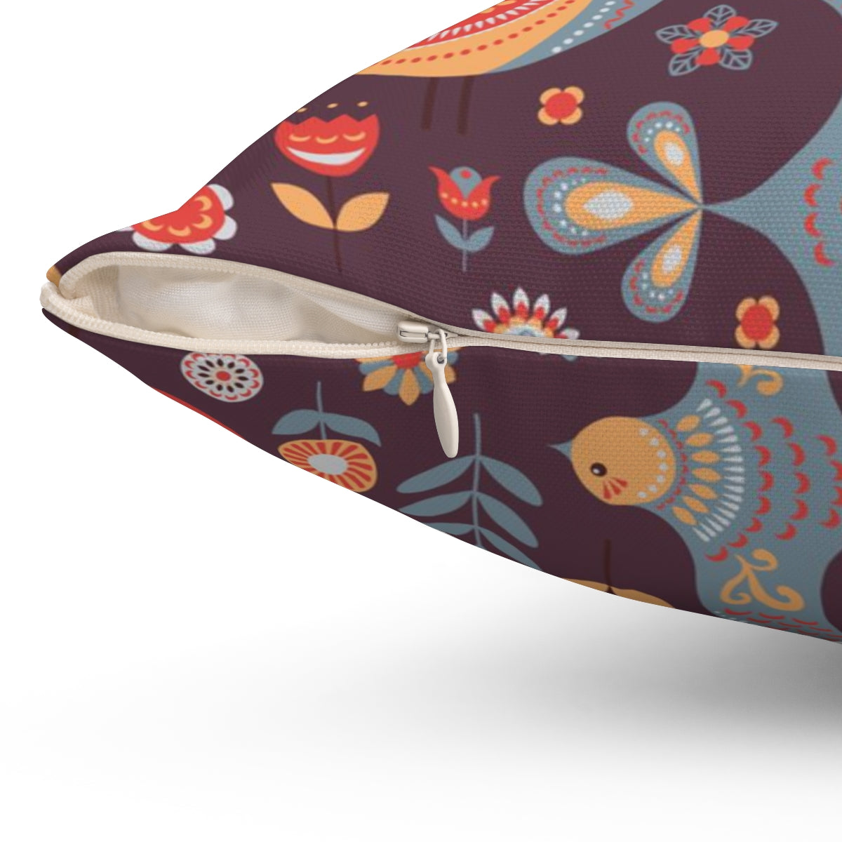 Scandi Nordic Boho Square Pillow Cover | Burgundy Folk Birds