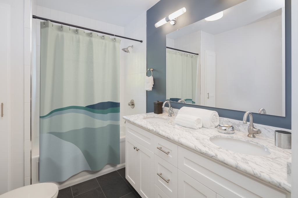 Abstract Boho Shower Curtain | Sage Green Teal Navy | Abstract Landscape