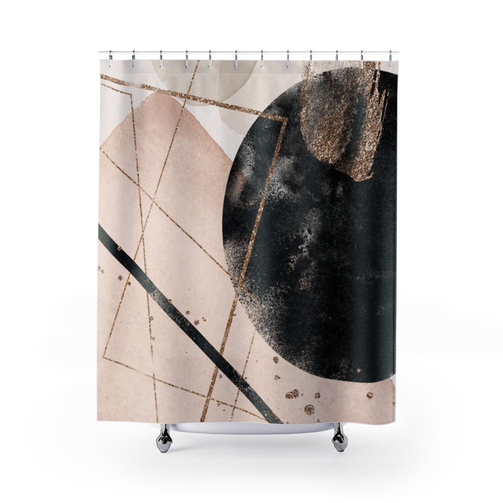 a shower curtain with an abstract design on it