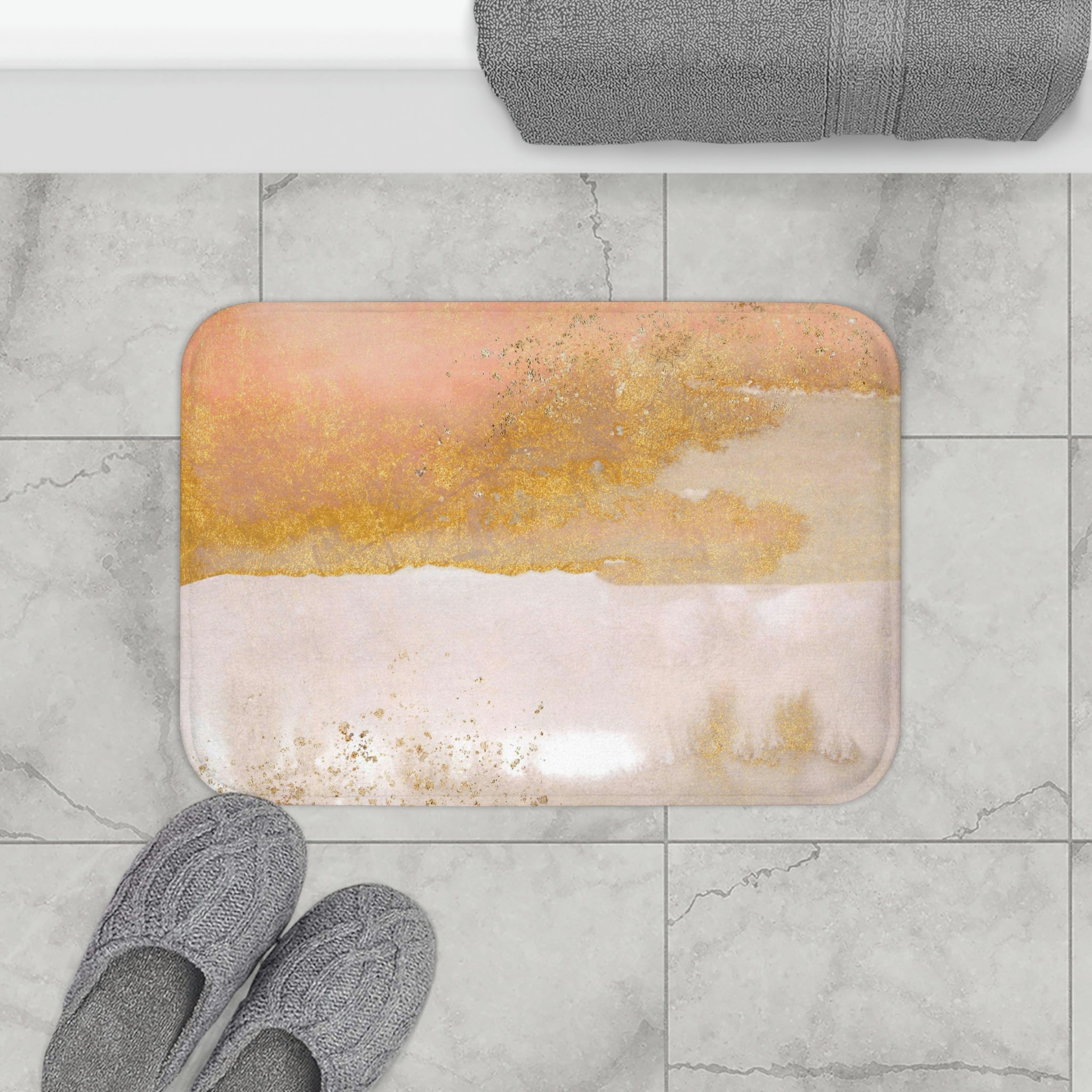 Boho Abstract Bath, Kitchen Mat | Pink Beige Ombre Minimalist