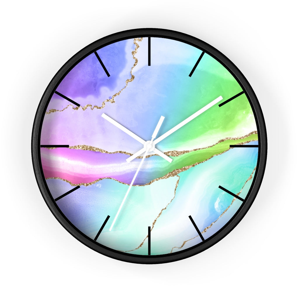 Marble Print, Wood, Wall Clock, Rainbow Colors 10"