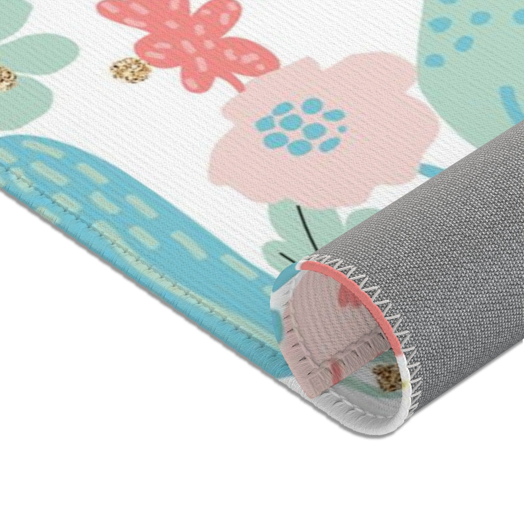 Floral Area Rug | Gold White Blush Pink