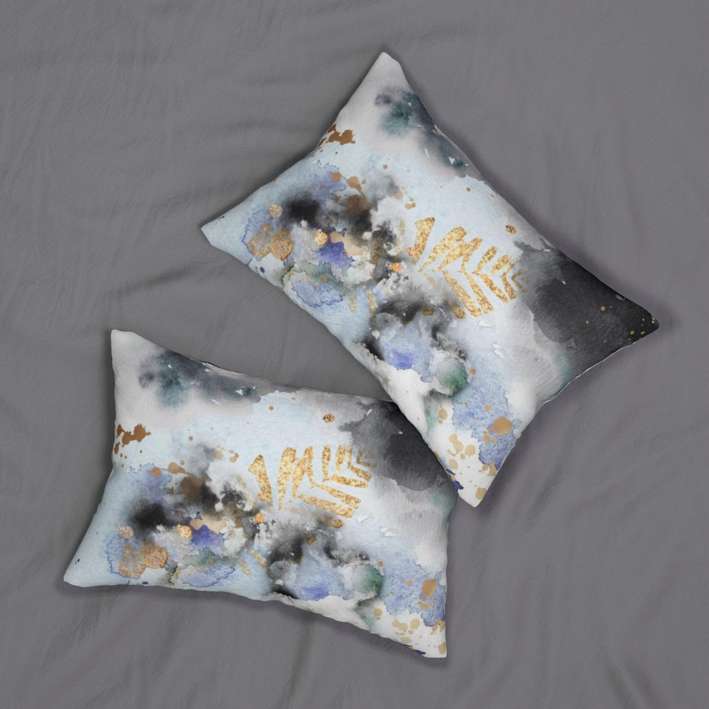 Abstract Boho Lumbar Pillow | White Pastel Blue Black Gold