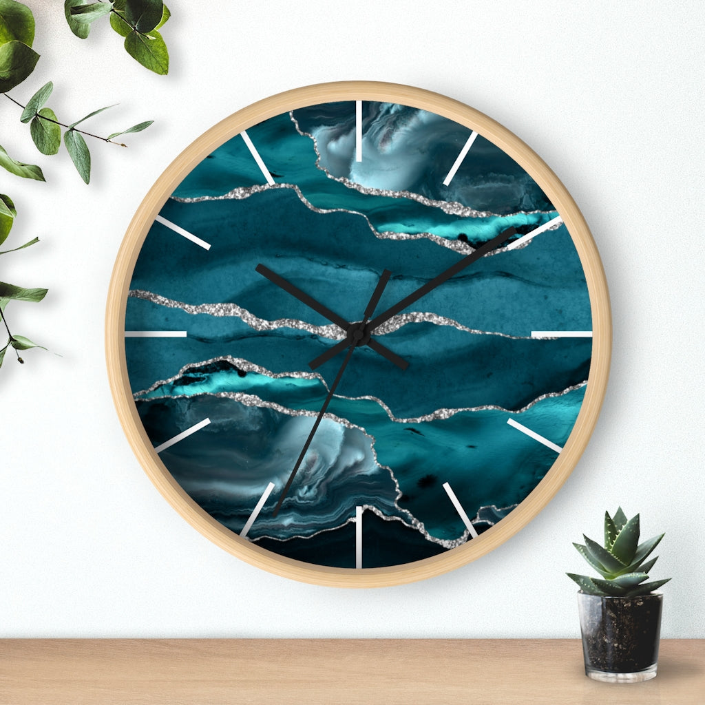 Marble Print, Wood, Wall Clock, Teal Silver 10"