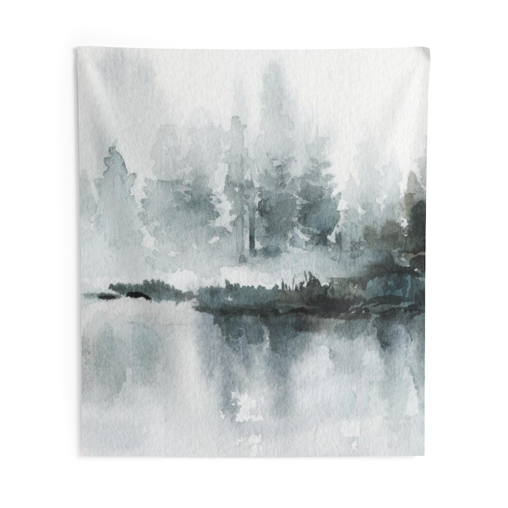 Landscape Tapestry | Grey Green Watercolor Lakeside Forest
