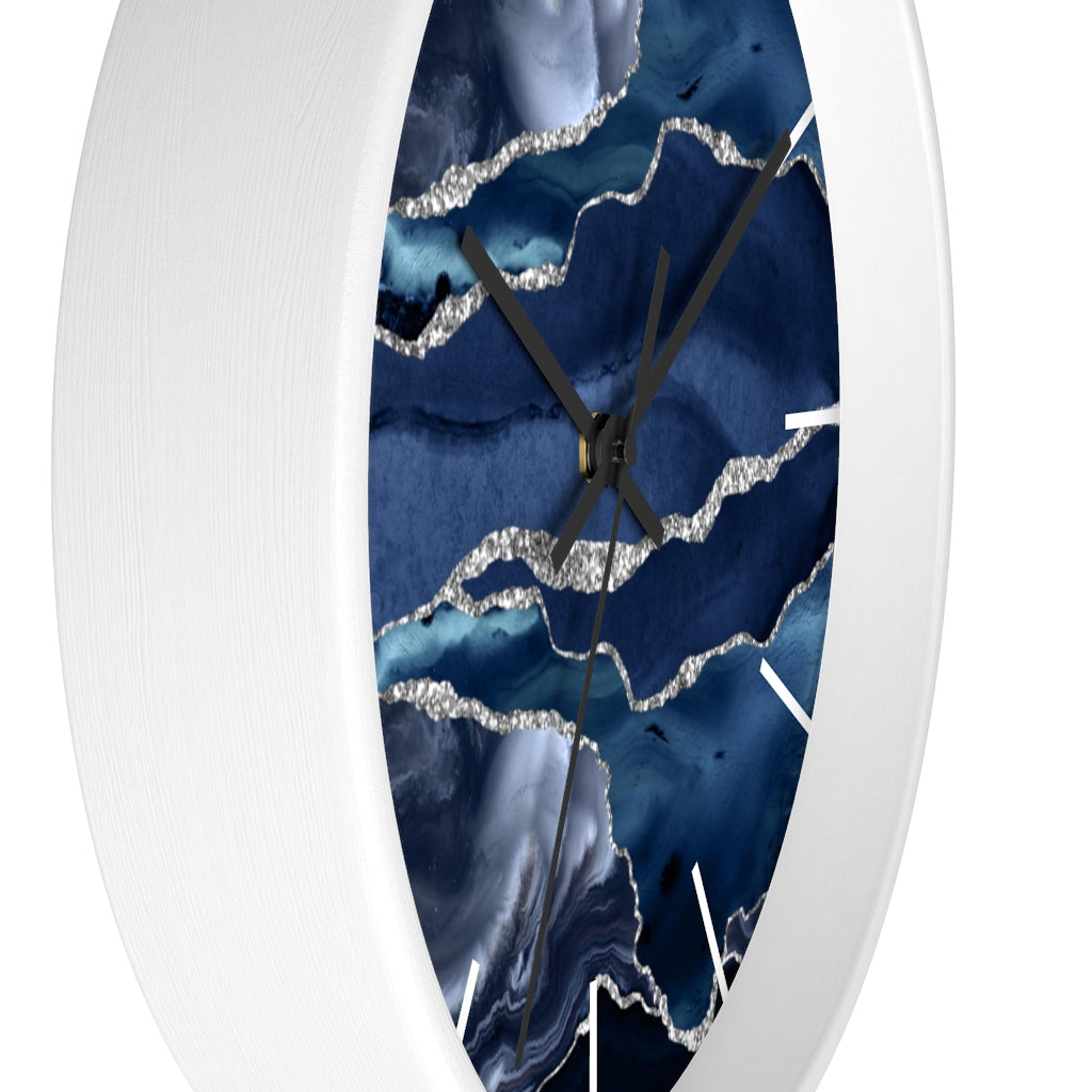 Marble Print, Navy Silver, Wood Wall Clock 10"