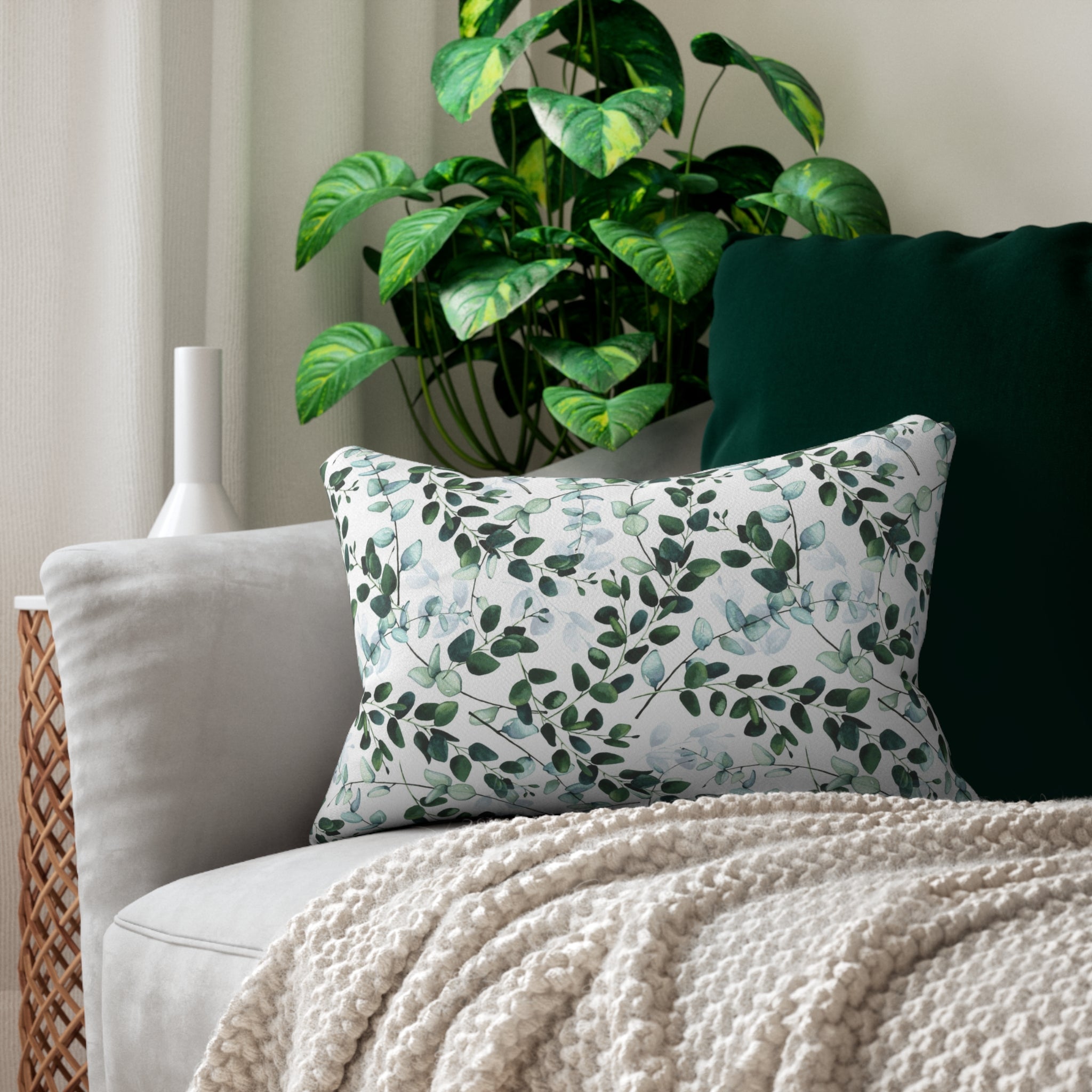 Boho Lumbar Pillow | Floral Sage Teal Green, White
