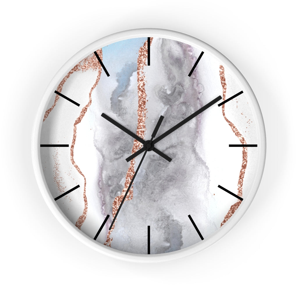 Marble Print, Wood, Wall Clock, Gray Gold 10"