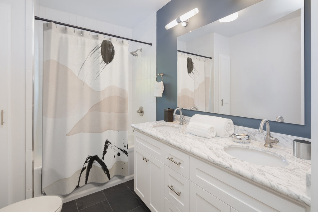 Abstract Shower Curtain, Beige Ombre, Black Sun Landscape