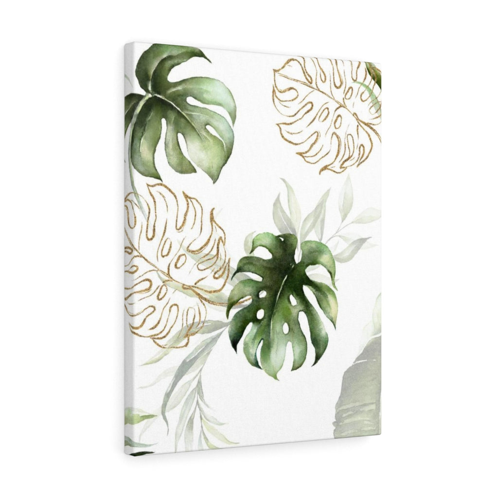 FLORAL WALL CANVAS ART | White Green Gold Tropical Leaves