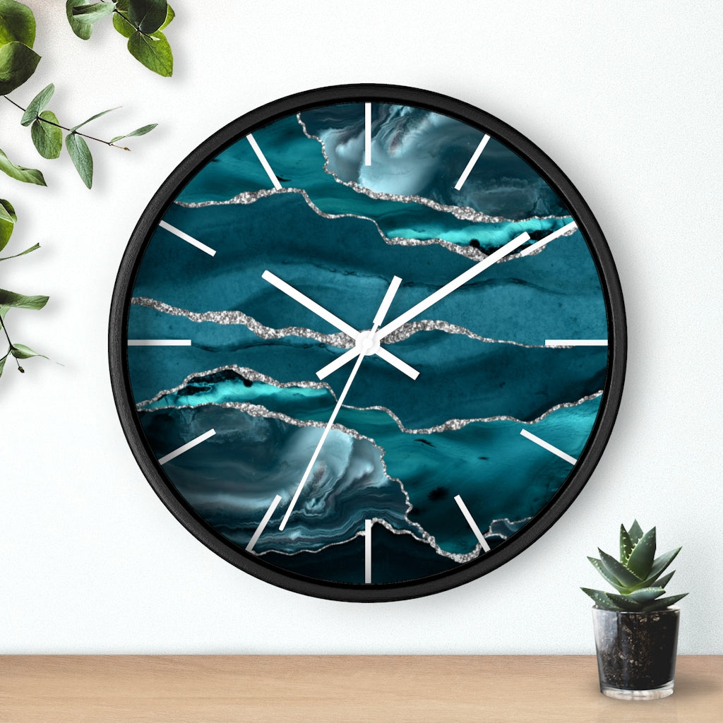 Marble Print, Wood, Wall Clock, Teal Silver 10"