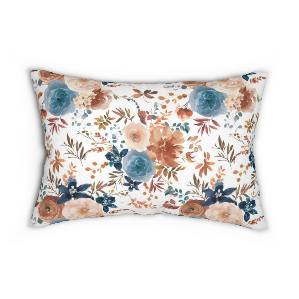 Floral Boho Lumbar Pillow | Dusty Blue Cinnamon Brown Flowers
