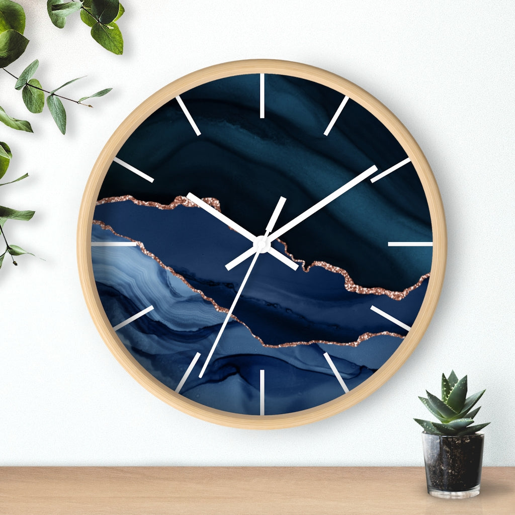Marble Print, Navy Wood Wall Clock 10"
