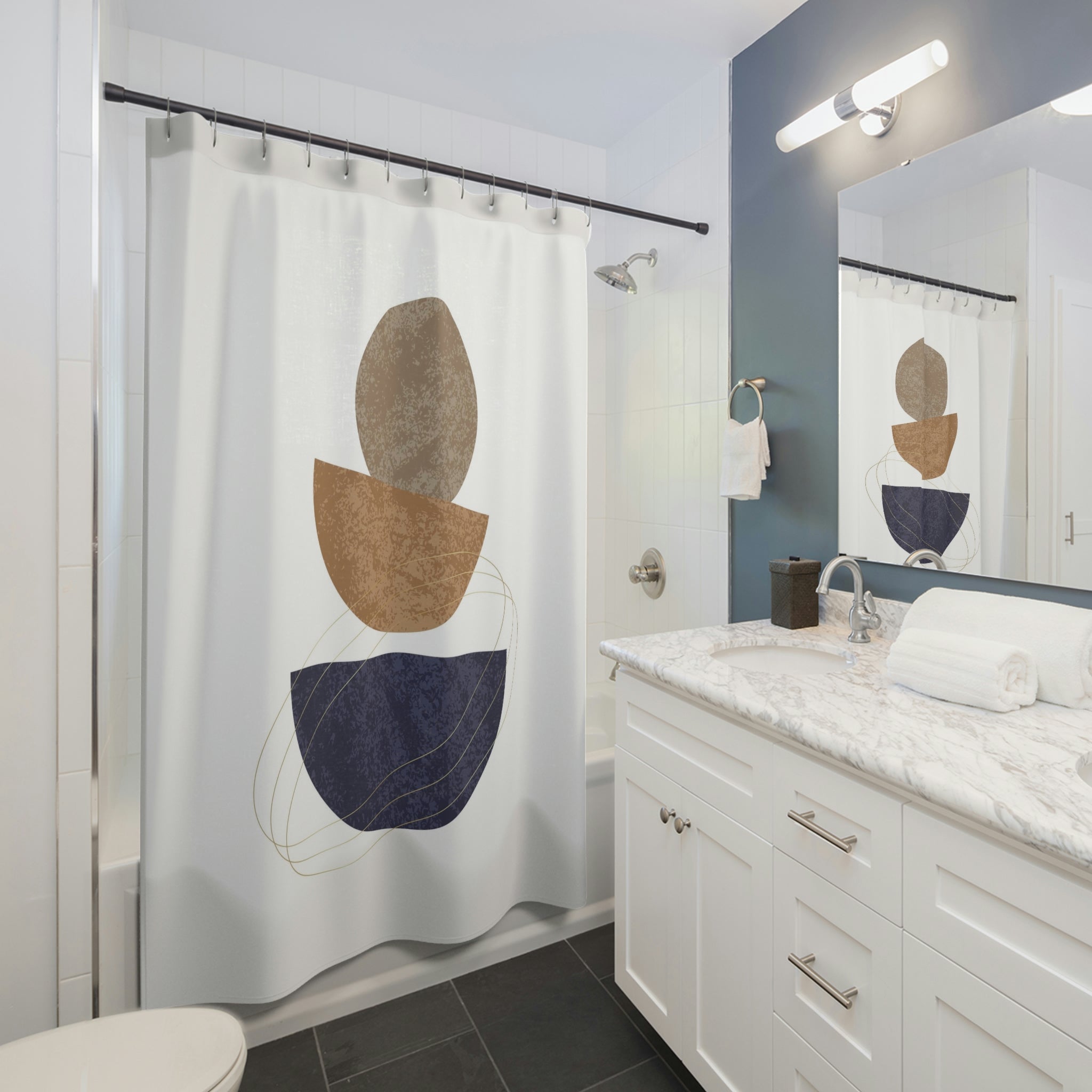 Abstract shower curtain | Mid Century Navy Beige White