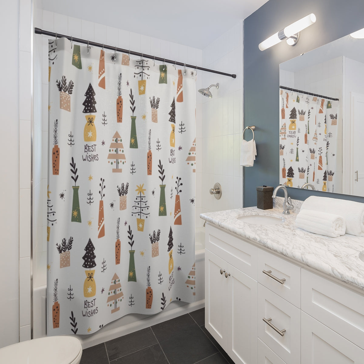 Christmas Shower Curtain | White Cute Winter Ornaments