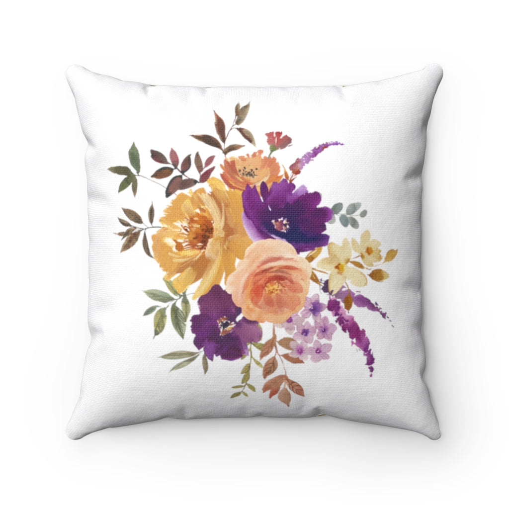 Floral Boho Pillow Cover | White Pastel Orange Violet Poppies Peach Roses Green