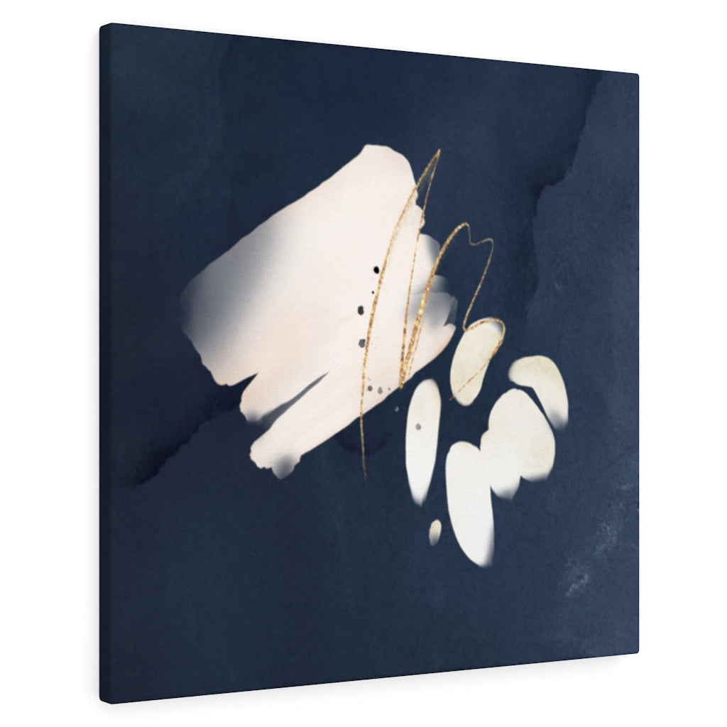 Navy blue, cream and white abstract canvas art, gallery-wrap edge view