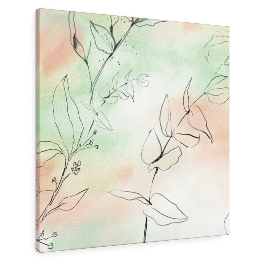 FLORAL WALL CANVAS ART | Green Peach Black Line Art Leaves