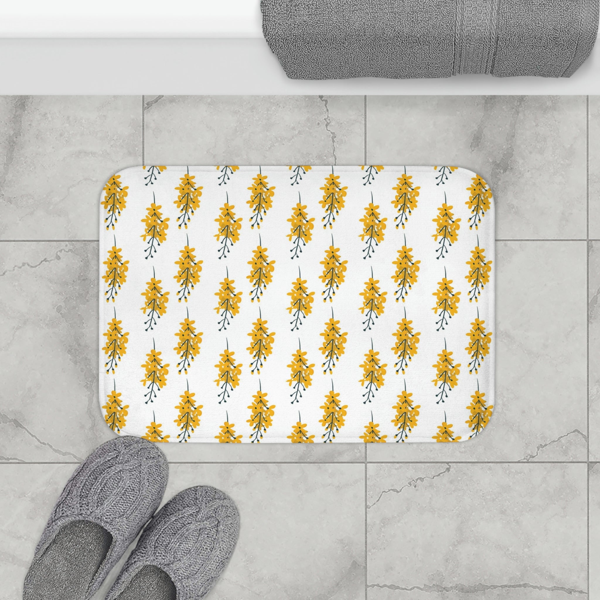 Boho Floral Bath, Kitchen Mat | Yellow, White Botanical