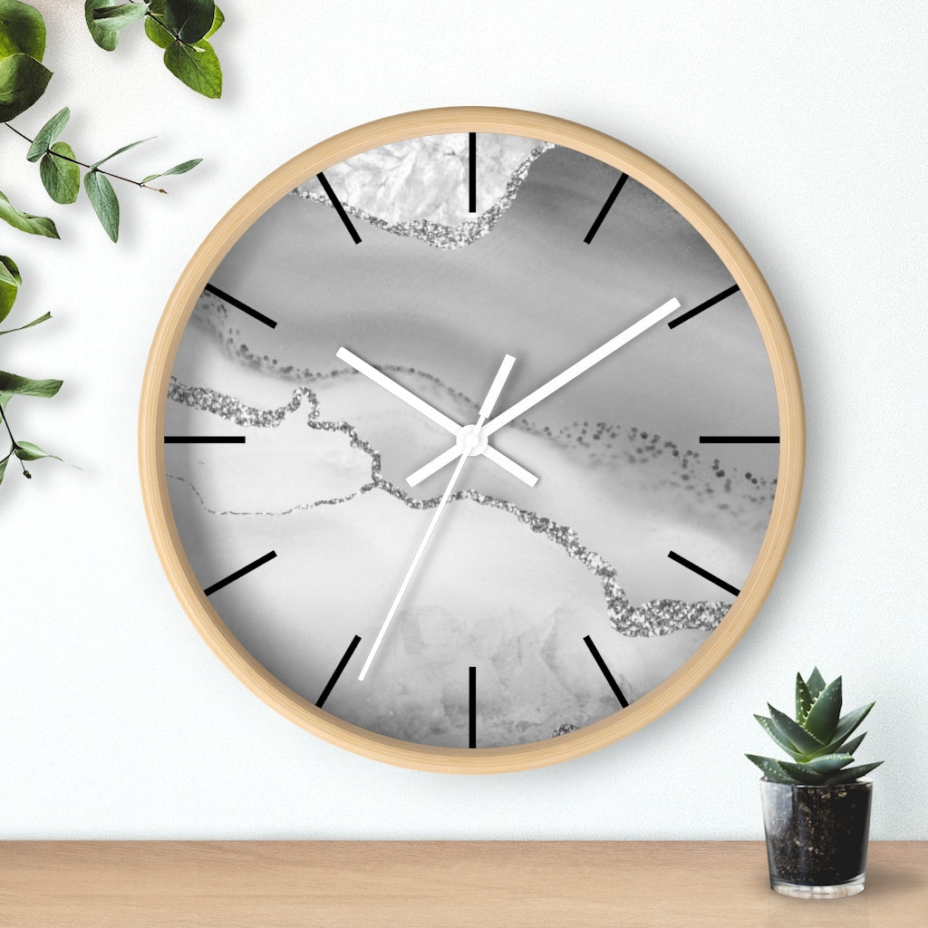 Marble Print, Wood, Wall Clock, Gray Silver 10"