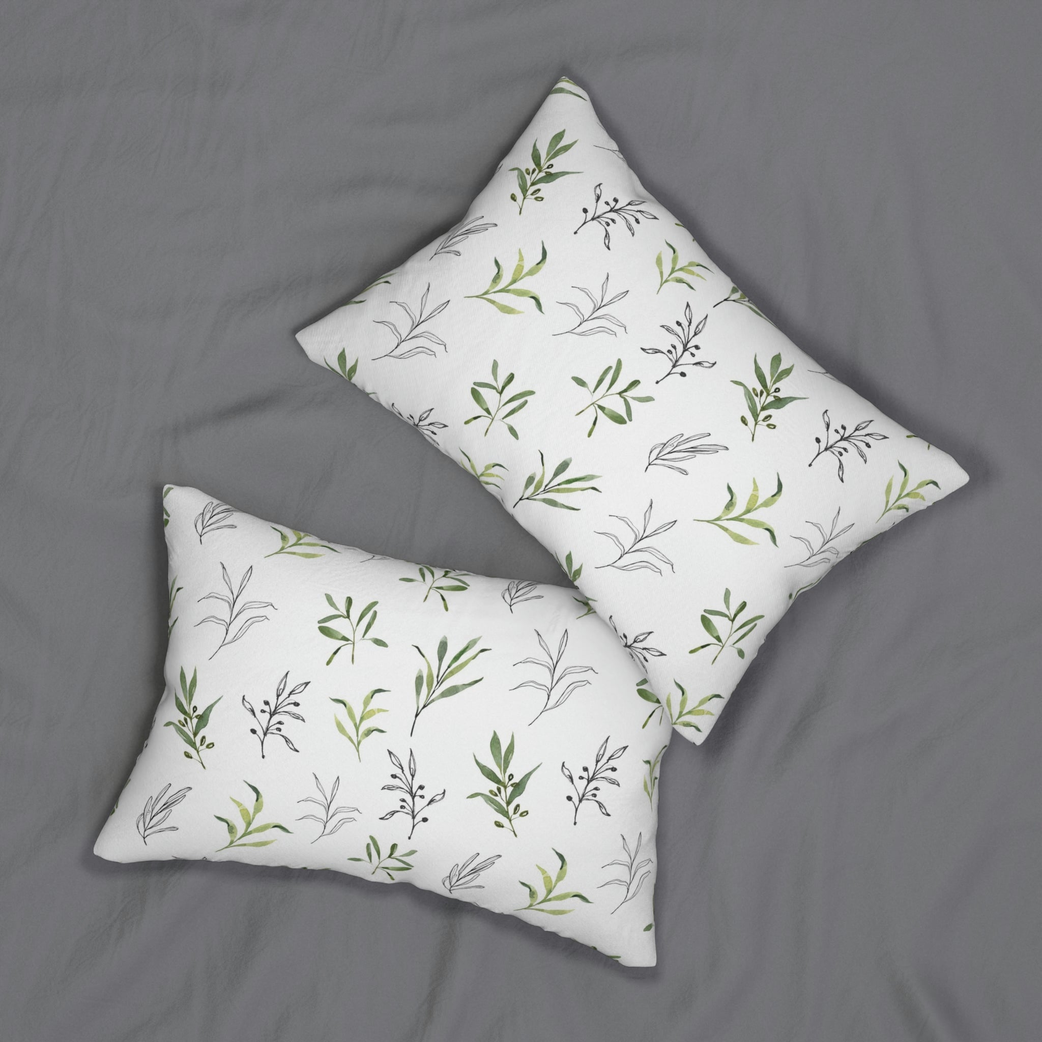Floral Boho Lumbar Pillow | Sage Green Leaves, Black White Line Art