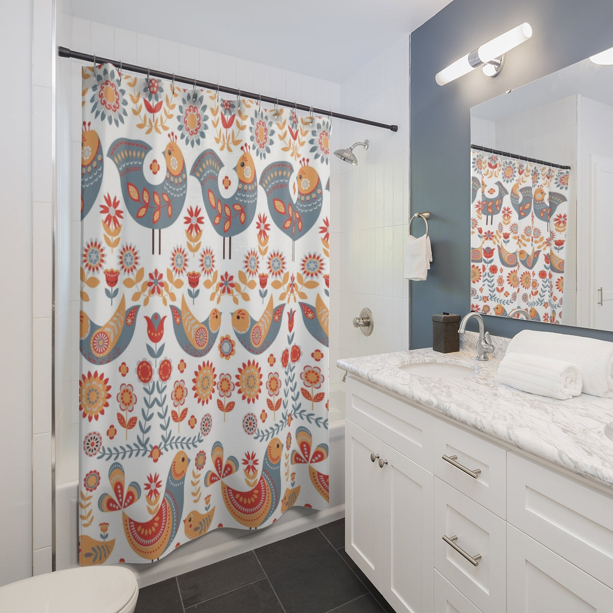 Christmas Shower Curtain | Blue White Red Beige Folk Birds