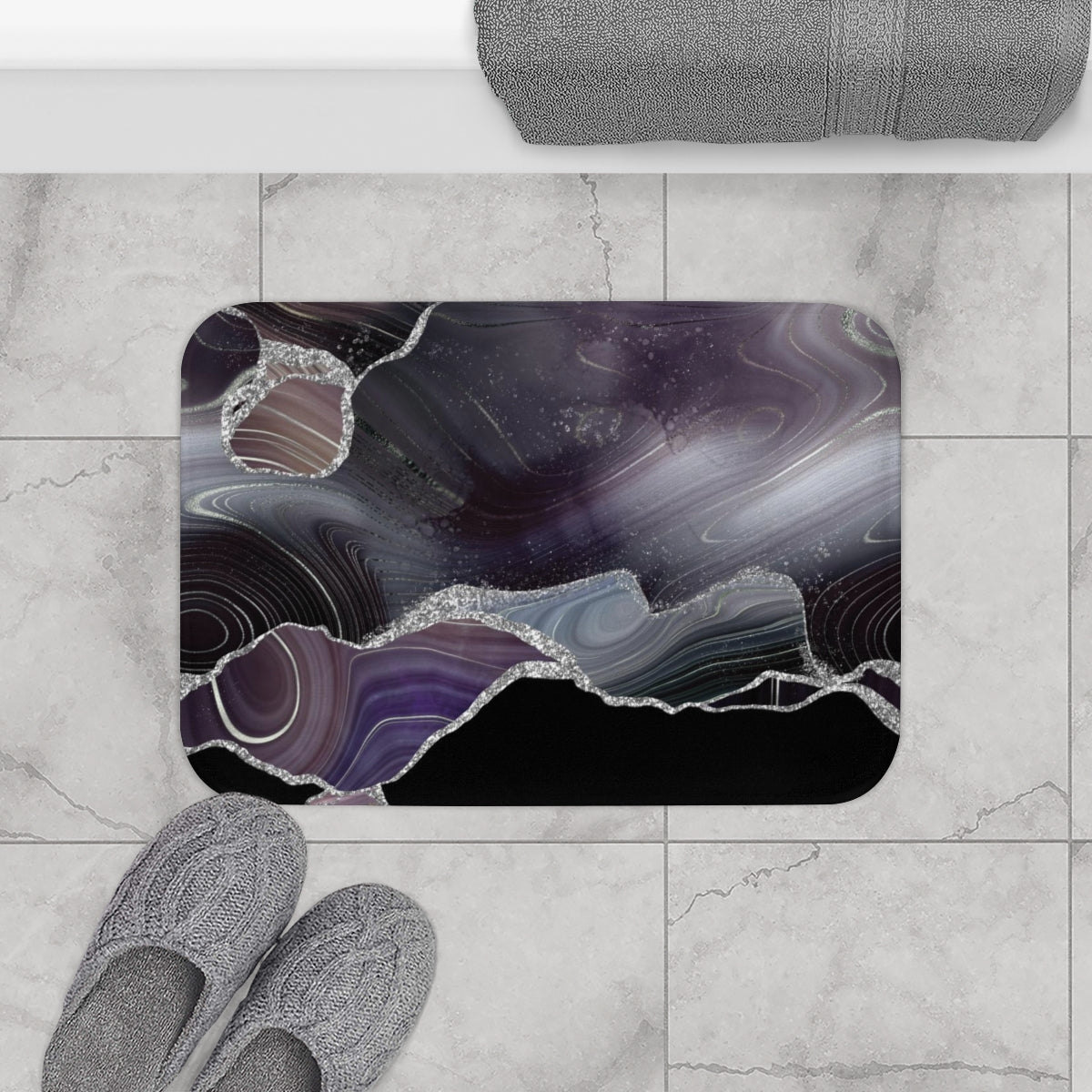 Marble Agate Print Bath Mat | Dark Lavender Silver
