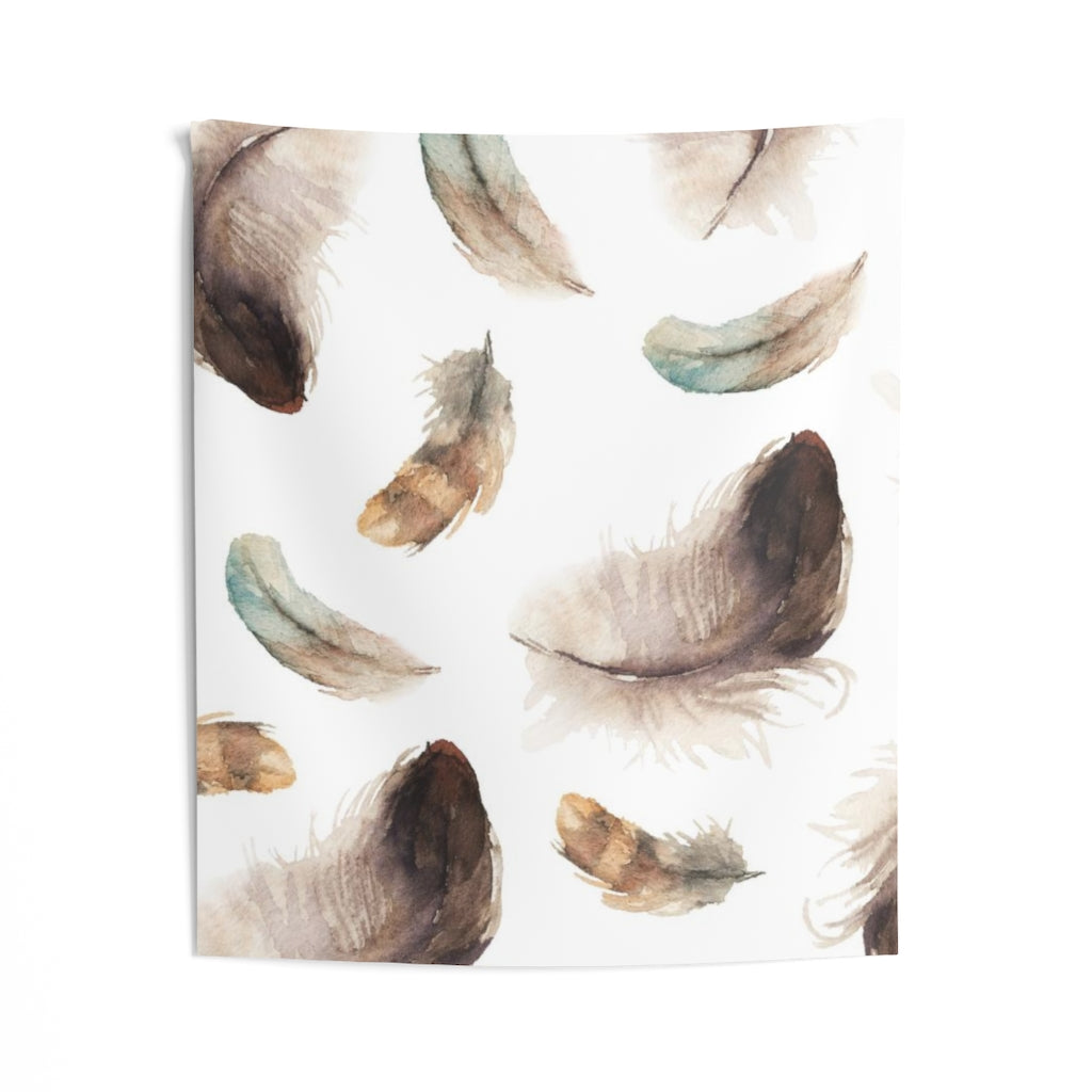 Bohemian Tapestry | Brown Teal Beige White Feathers