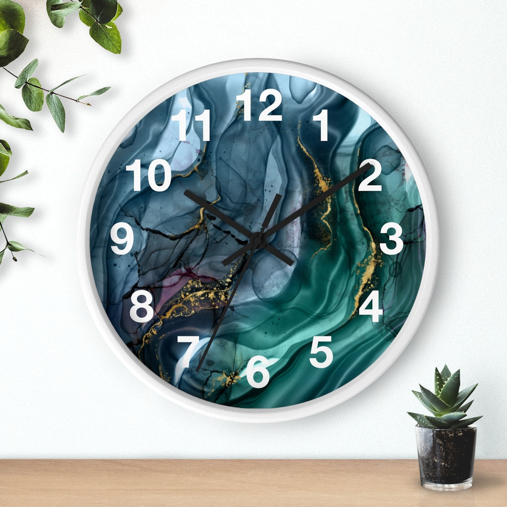 Marble Print, Navy Blue Green, Wood Wall Clock 10"