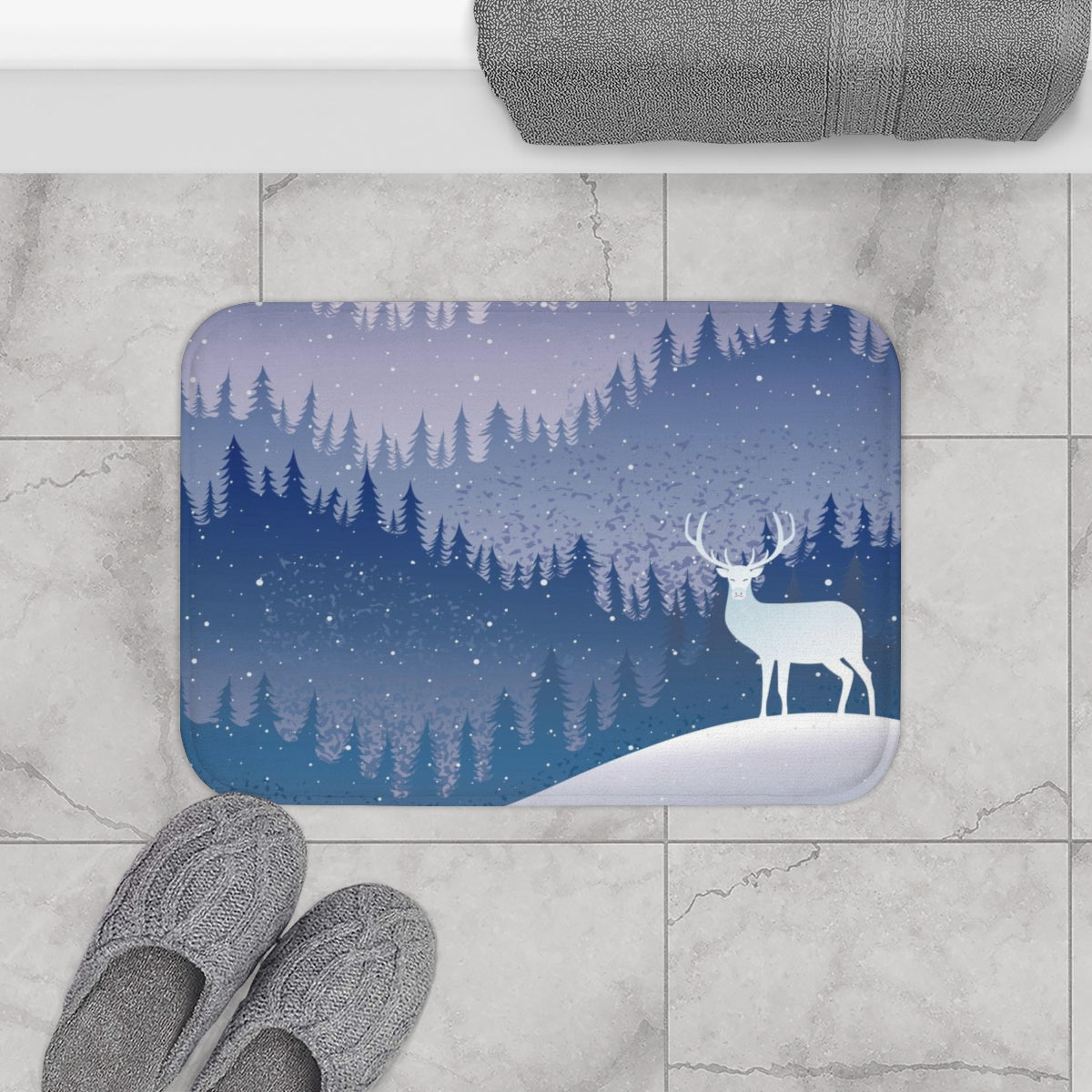 Christmas Bath Mat | Purple Pink Ombre Winter Mountain Landscape