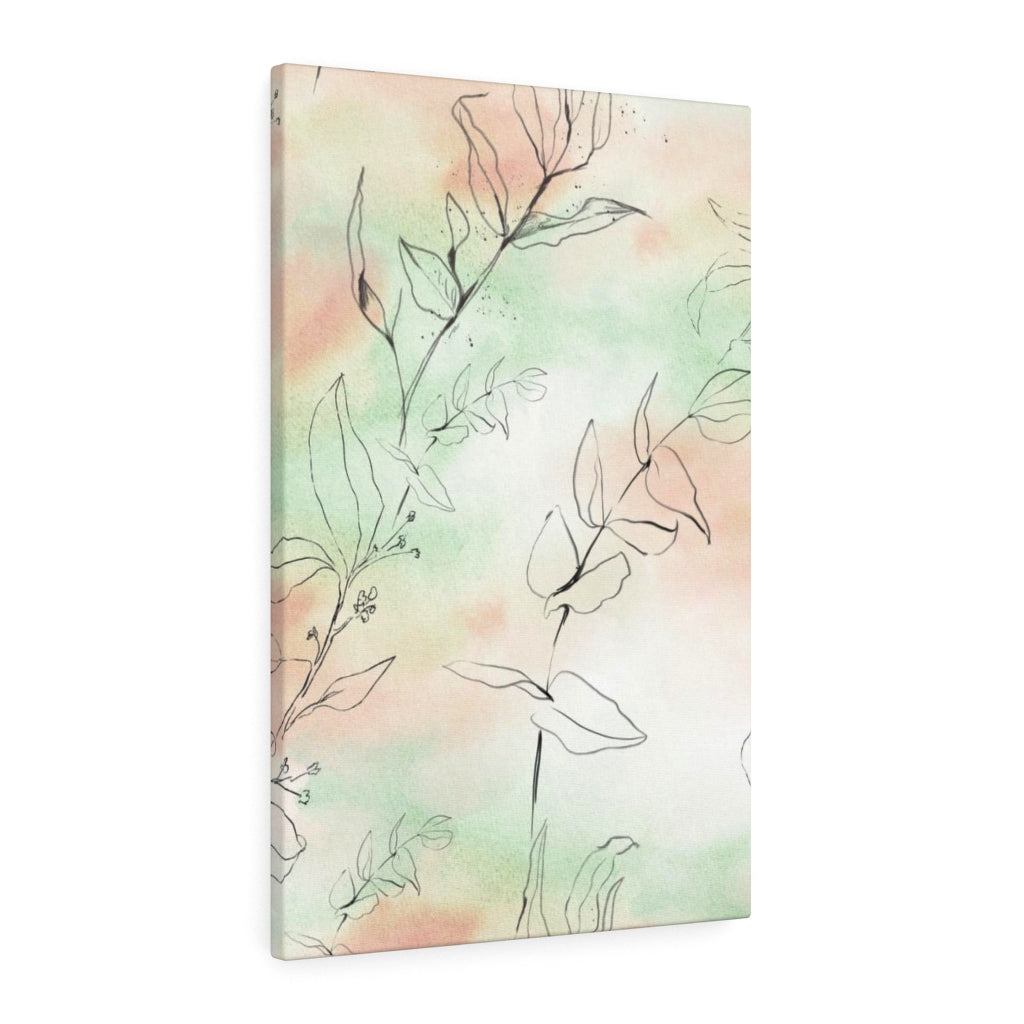 FLORAL WALL CANVAS ART | Green Peach Black Line Art Leaves