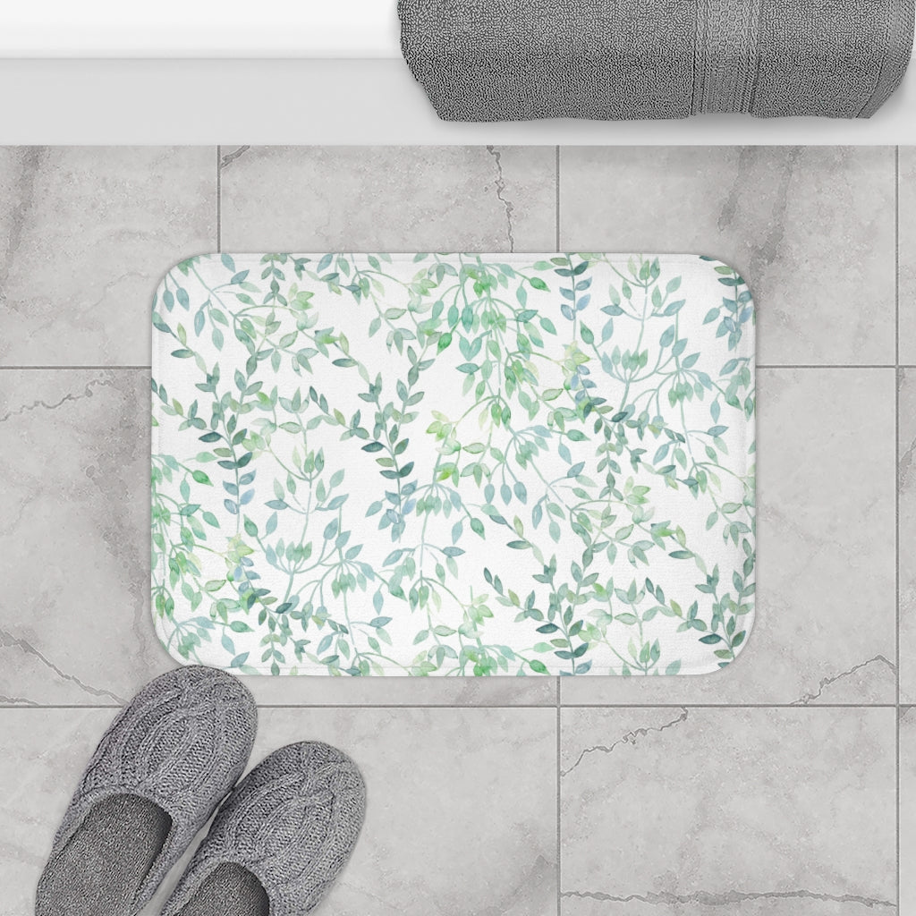 floral bath, kitchen mat | white green teal leaves