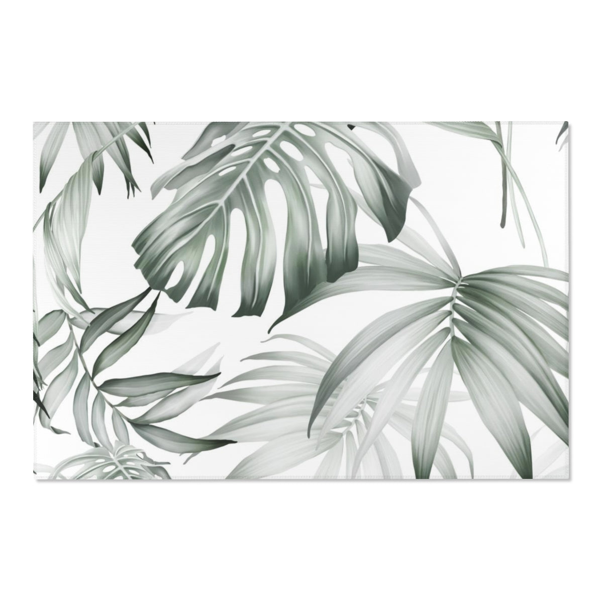 Floral Area Rug | Green Silver White Jungle Leaves