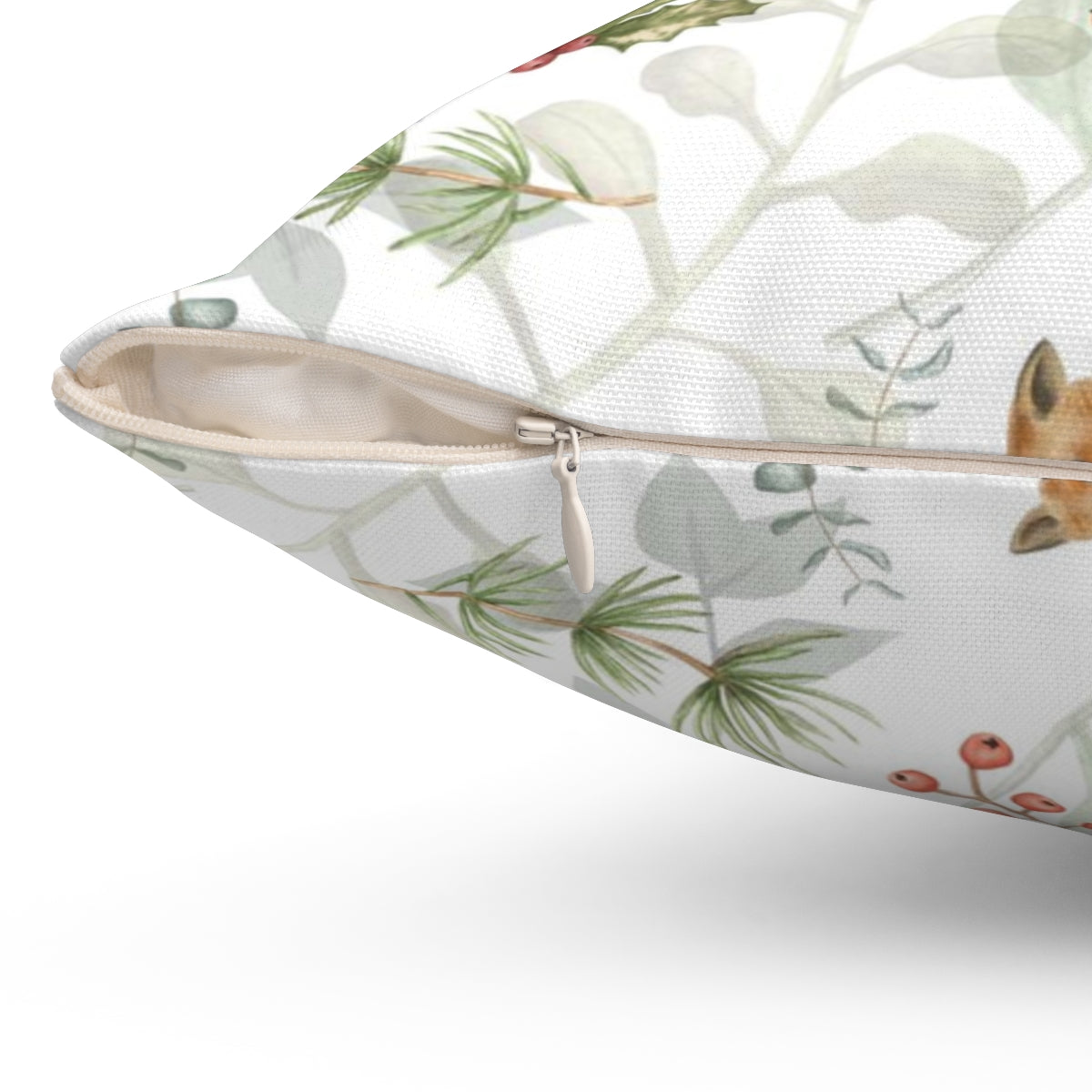 Christmas Square Pillow Cover | White Festive Leaves and Foxes