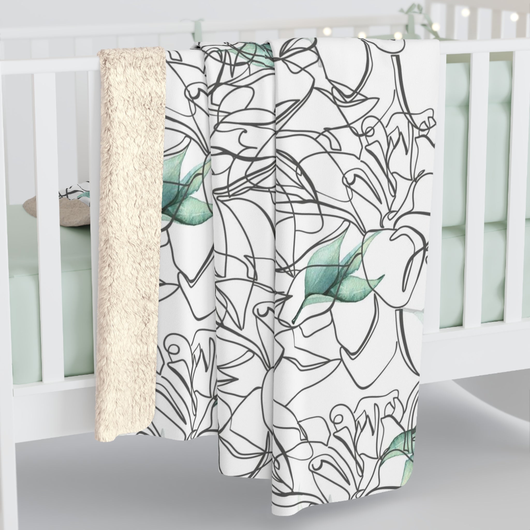 Floral Blanket | Black White Line Art Green