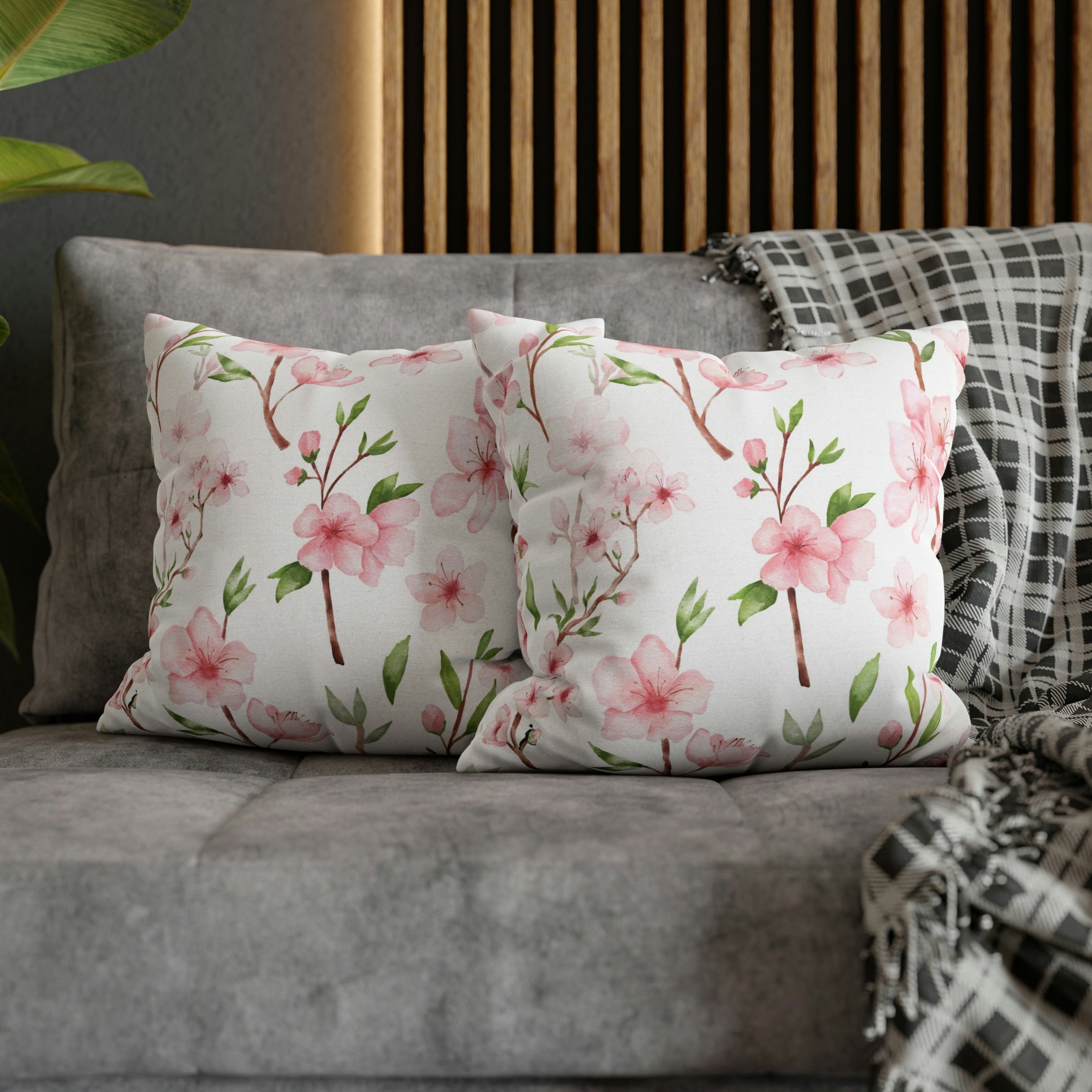 Floral Boho Pillow Cover | Pink Green Sakura Watercolor