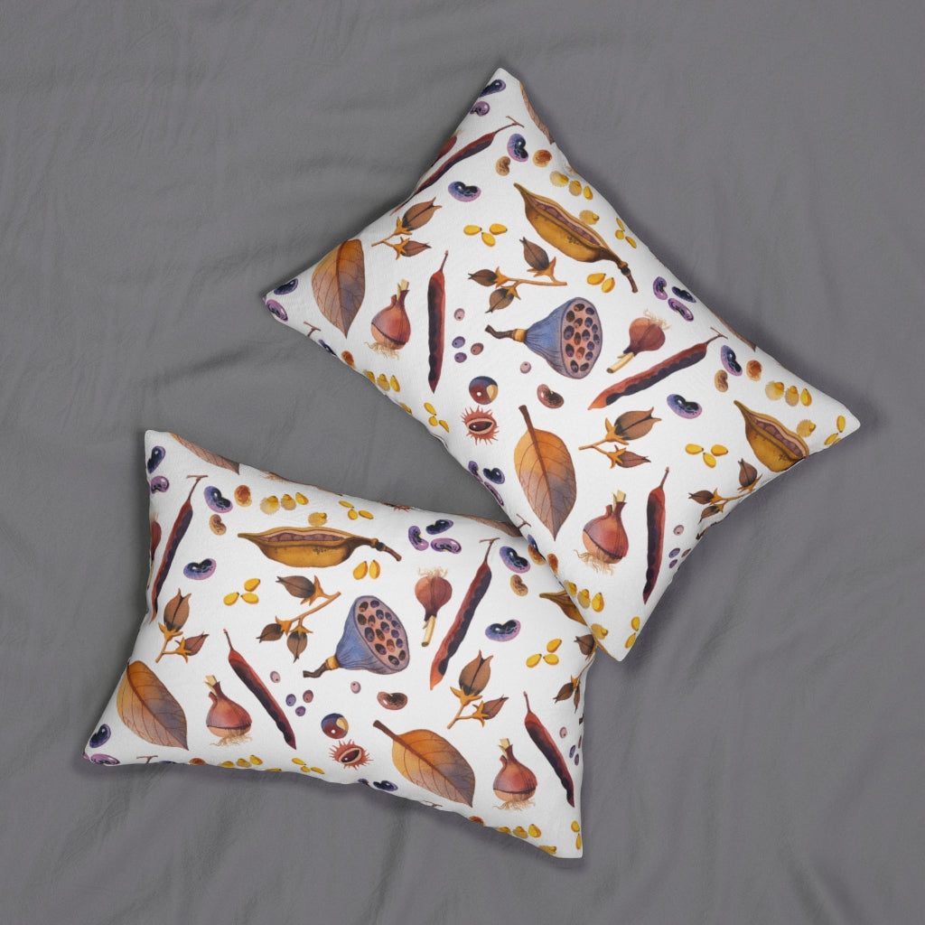 Whimsical Boho Lumbar Pillow | White Beige Forest Leaves